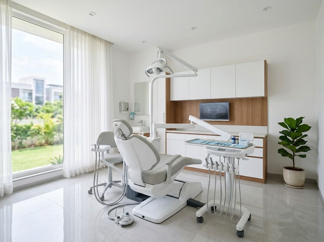 Modern, sterilised dental treatment room at Smile Dental Care and Implant Centre, Dwarka