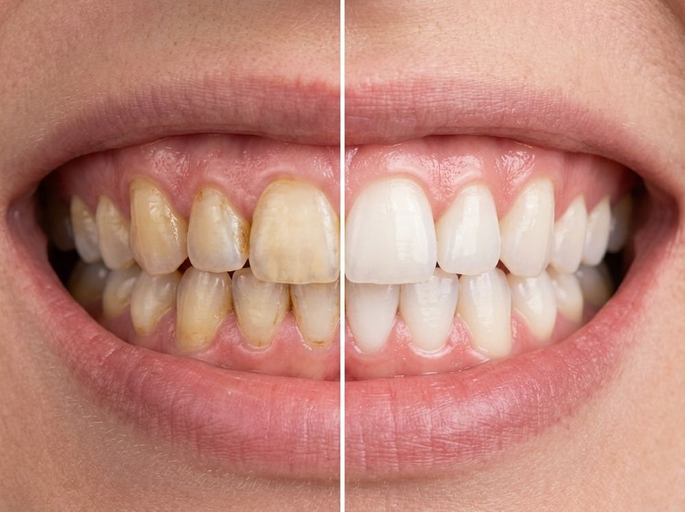 Before and after comparison of a smile makeover — stained crooked teeth restored to a straight white smile