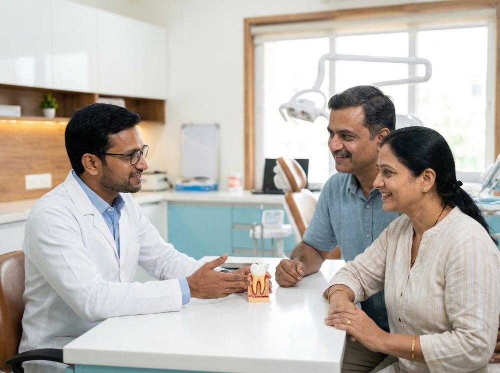 Dr. Rajat Verma explaining a treatment plan to patients using a tooth model