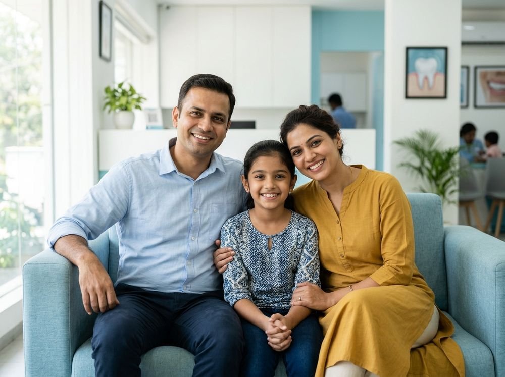 Happy family of patients smiling at Smile Dental Care and Implant Centre