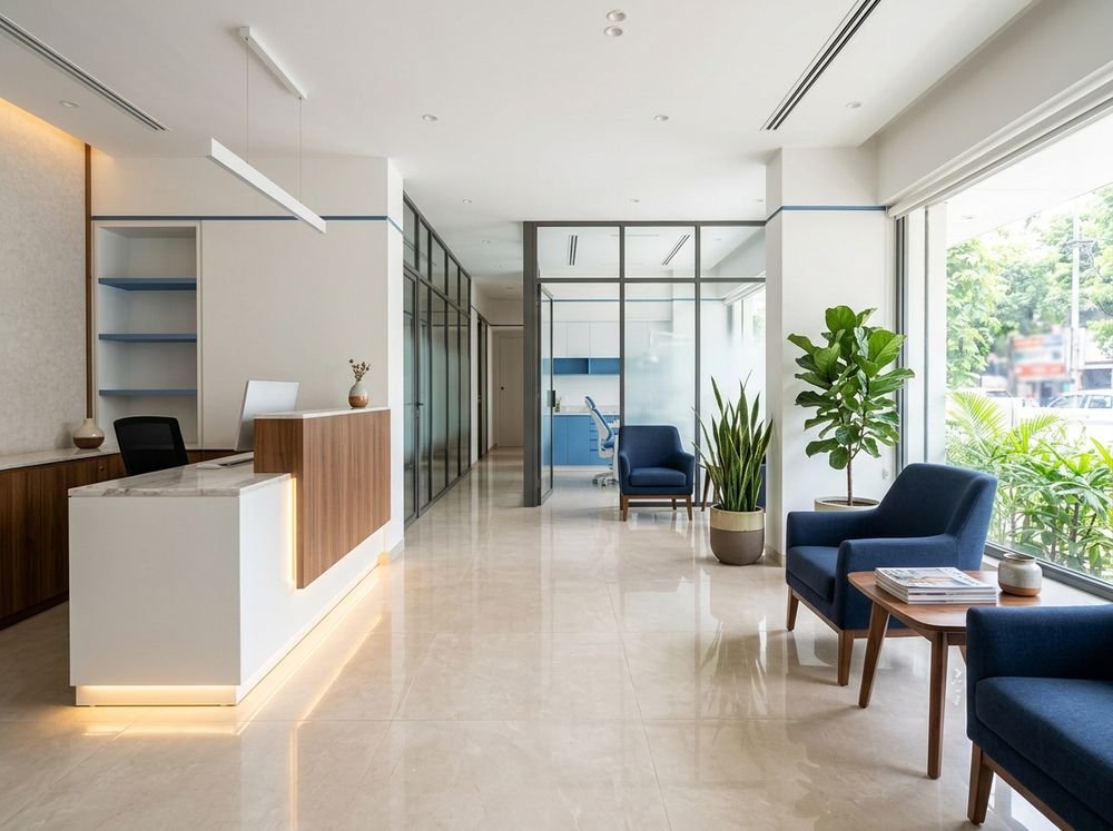 Reception and waiting lounge of Smile Dental Care and Implant Centre in Dwarka