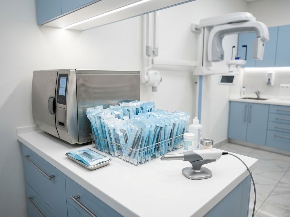 Autoclave steriliser, sealed instrument pouches and digital dental scanning equipment