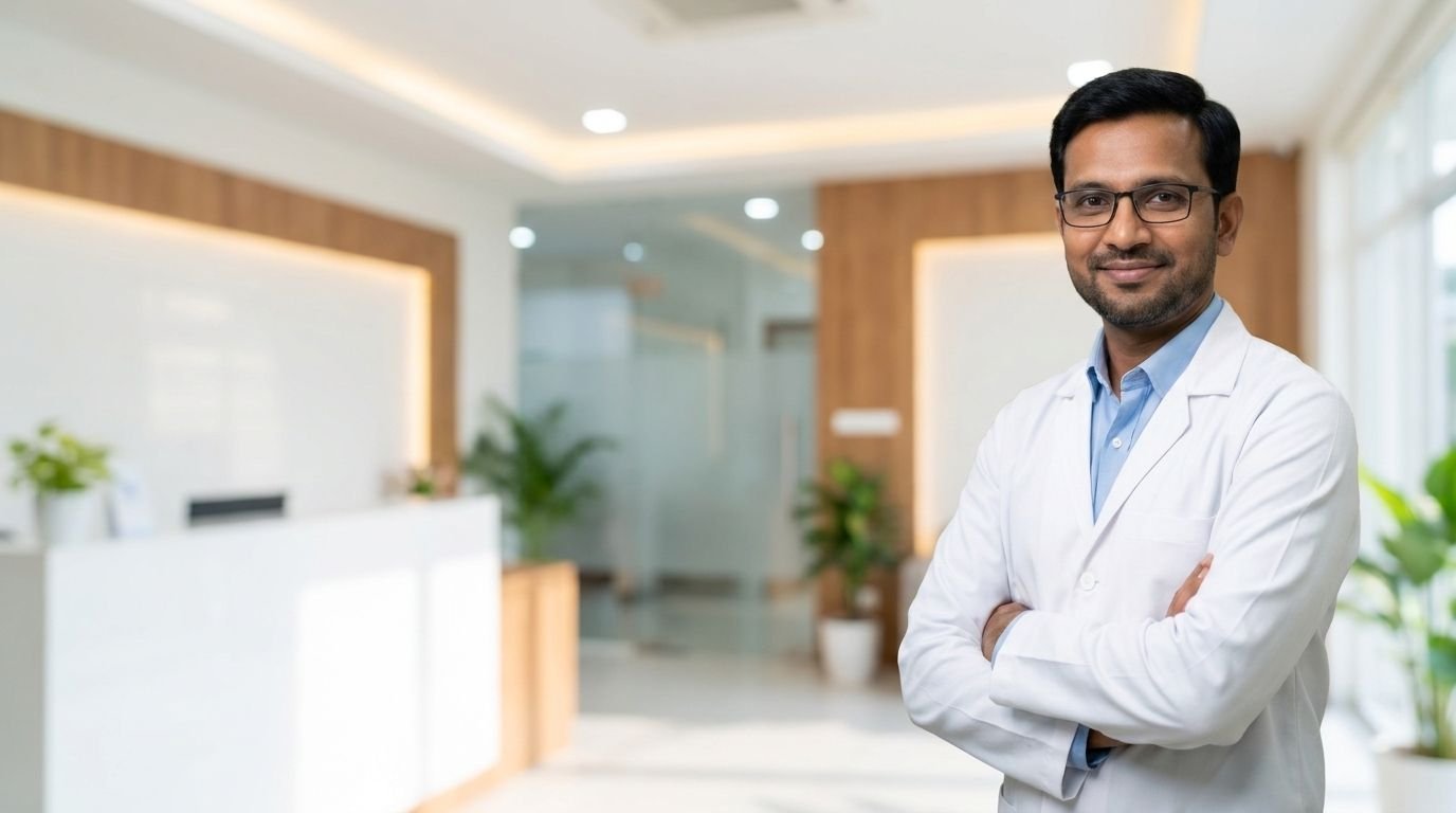 Dr. Rajat Verma, dentist at Smile Dental Care and Implant Centre, standing in the clinic reception in Dwarka, New Delhi