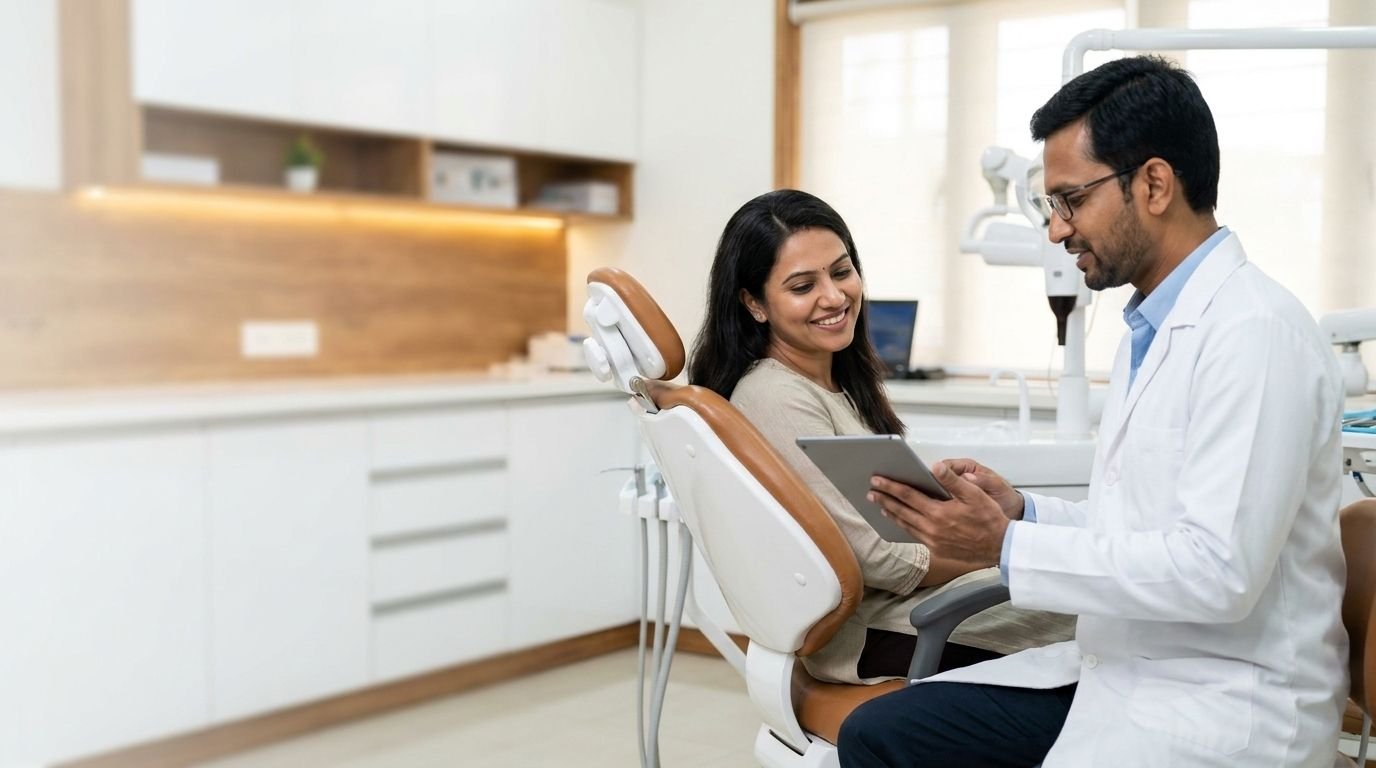 Dr. Rajat Verma explaining a dental treatment plan to a patient seated in a modern dental chair