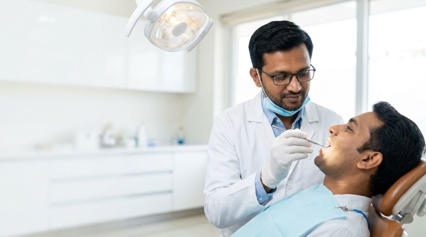 Dr. Rajat Verma performing a gentle dental examination on a patient at Smile Dental Care and Implant Centre