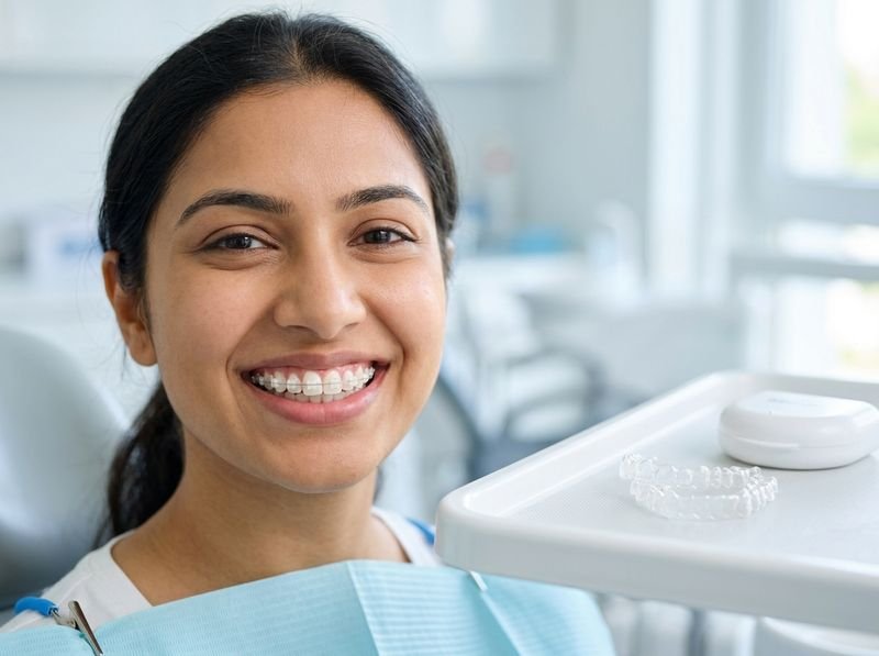 Ceramic braces and transparent clear aligner trays for straightening teeth