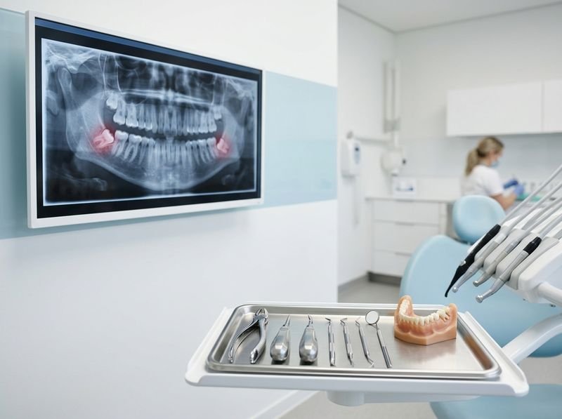 Digital dental X-ray and sterile instruments used for wisdom tooth removal